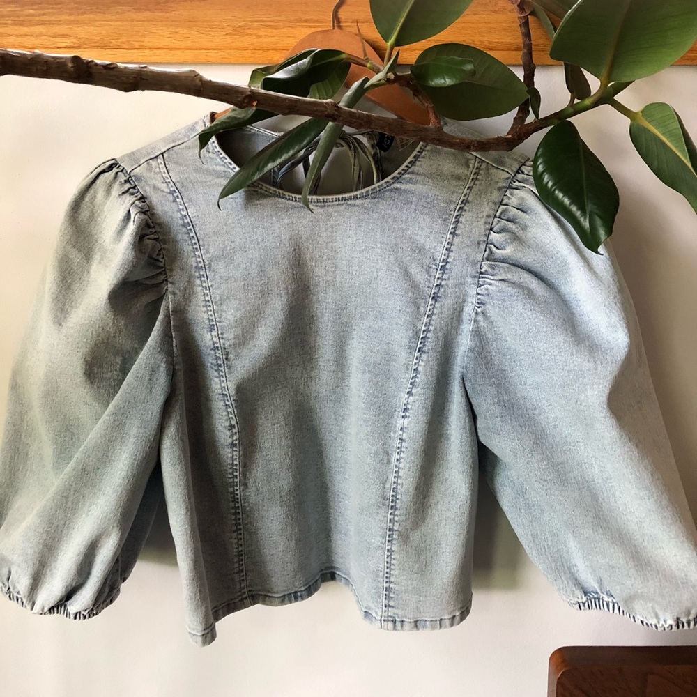 H&M Denim Puff Sleeve Tie Back Top